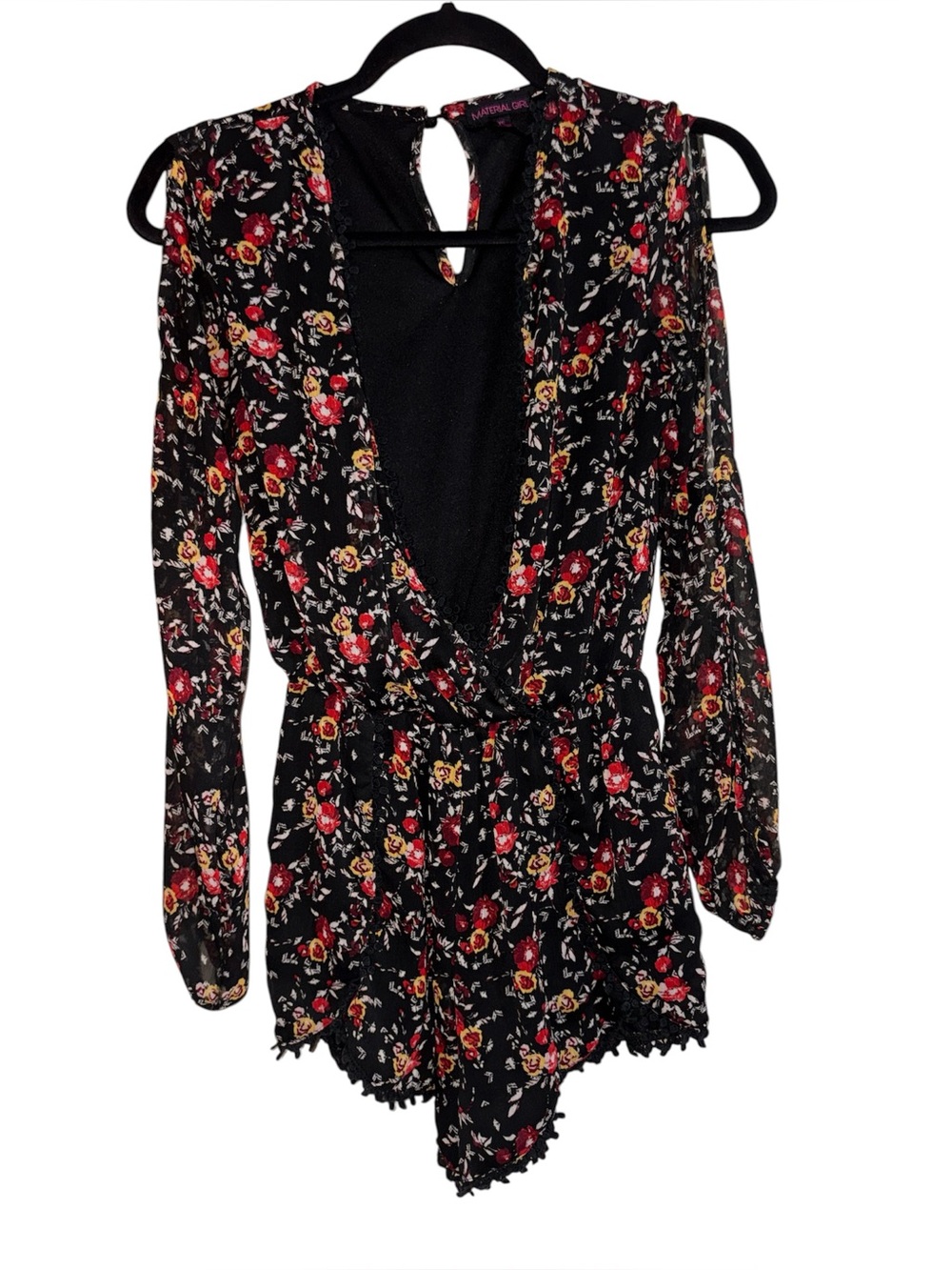 Material Girl Floral Black Deep V Romper - Women's Long Sleeve Jumpsuit size XS